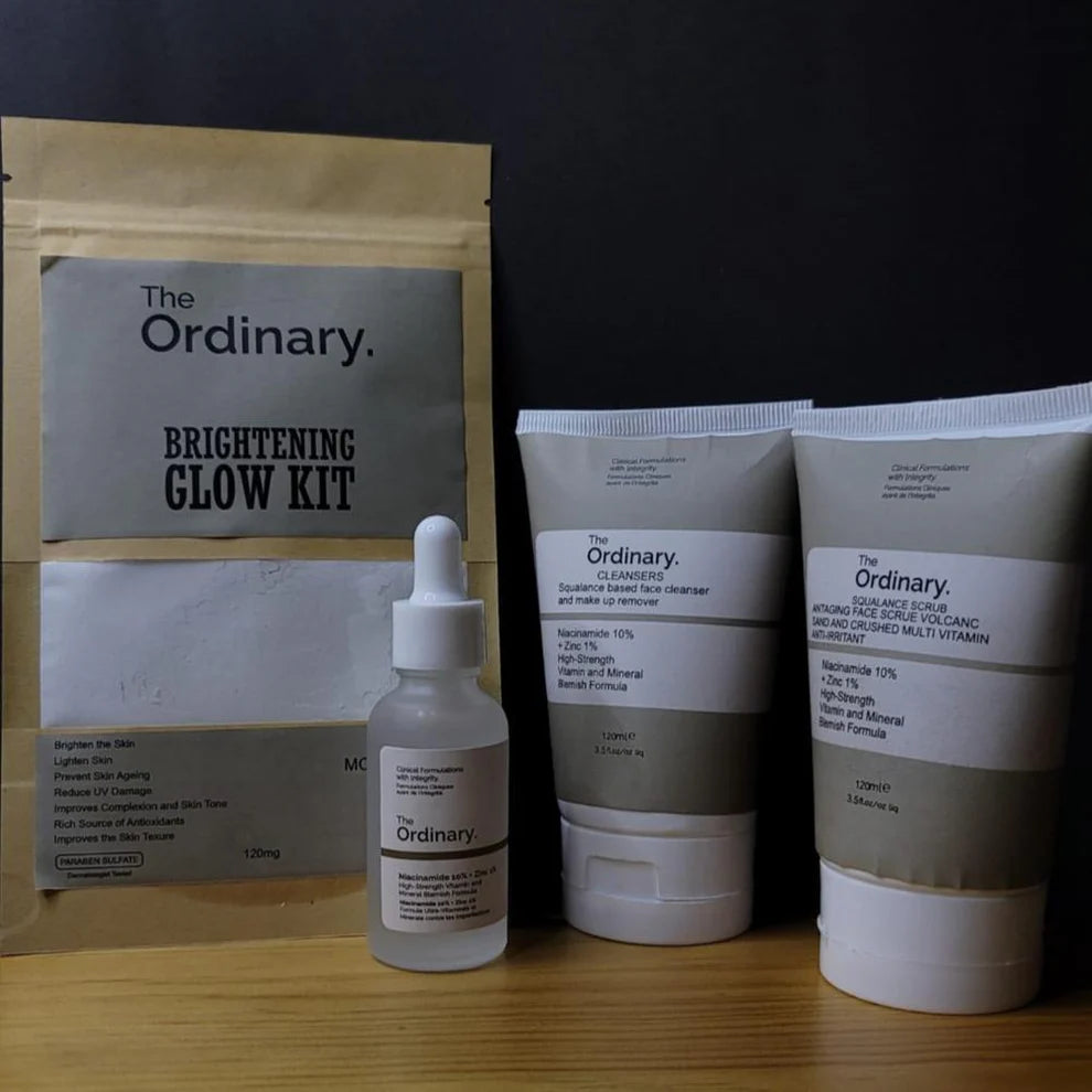The Ordinary Glowing Kit , serum, mask, and scrub