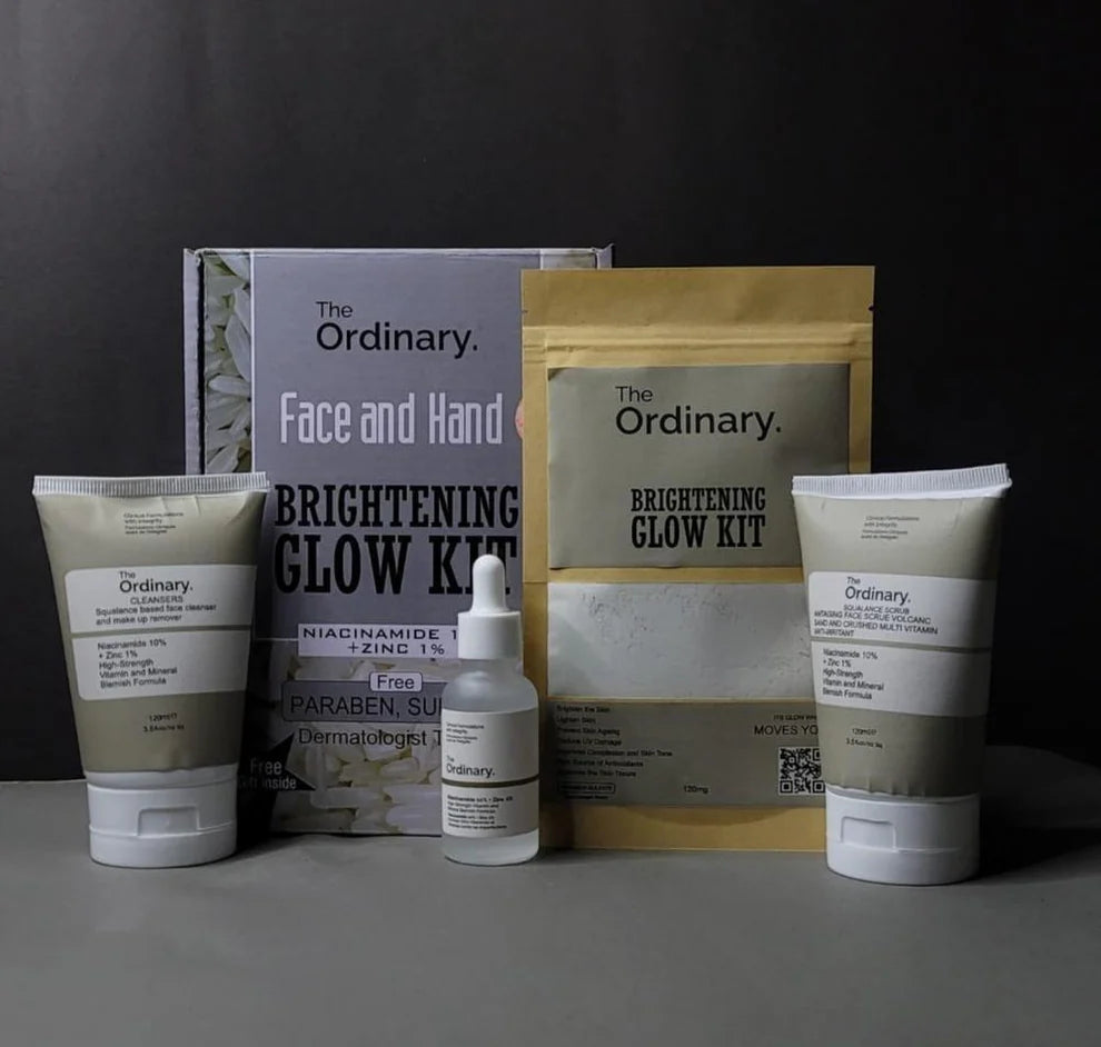 The Ordinary Glowing Kit , serum, mask, and scrub
