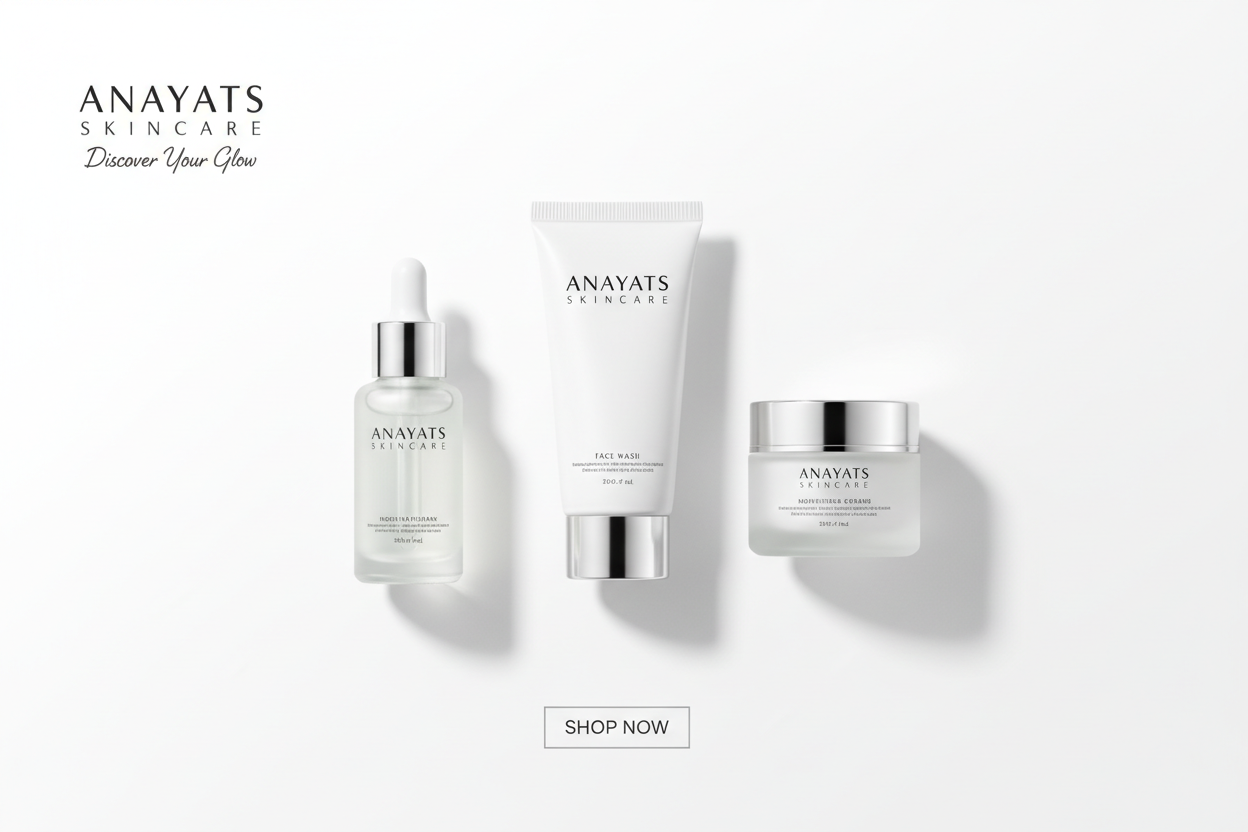 banner for anayats skin care in white theme with skincare products like serum face wash and creame